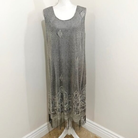 Onyx Nite Vintage Wendye Chaitin Silver Metallic Mesh Fringe Midi Dress & Duster - Picture 3 of 11